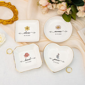 Personalised Birth Flower Trinket Dish, Flower Name Jewelry Dish, Bridesmaid Ring Dish Wedding Favors, Birthday Gift for Friend, Date Ring Dish