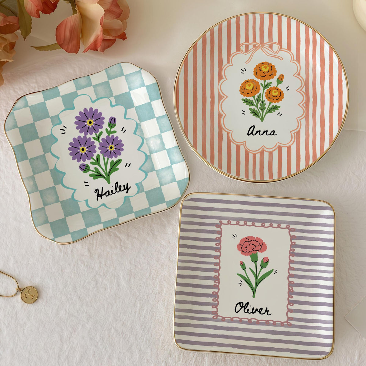 Personalized Birth Flower Custom Name Ring Dish, Stripe Vintage Style Jewelry Dish for Her Daughter Friends, Bridesmaid Proposal Gift