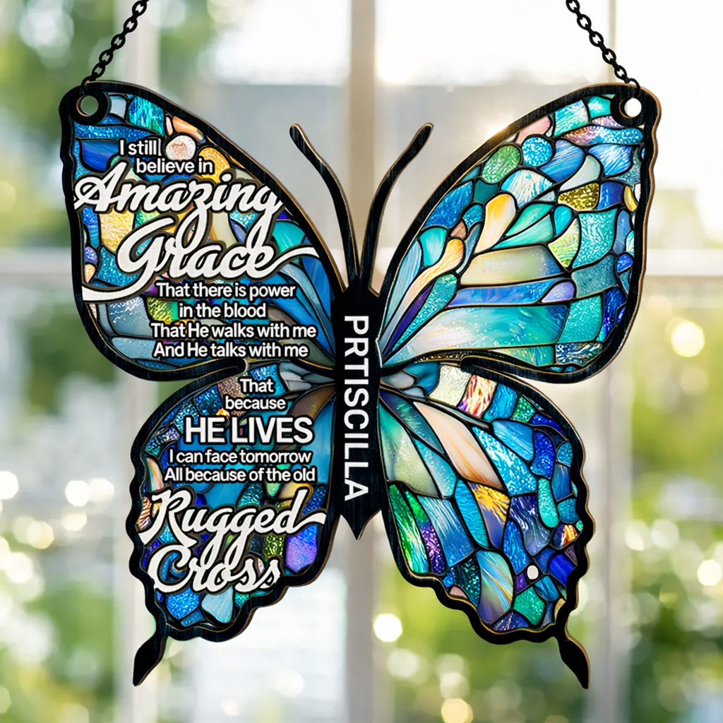 Amazing Grace Cross Butterfly - Personalized Suncatcher Ornament - Christian Gift