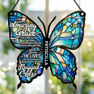 Amazing Grace Cross Butterfly - Personalized Suncatcher Ornament - Christian Gift