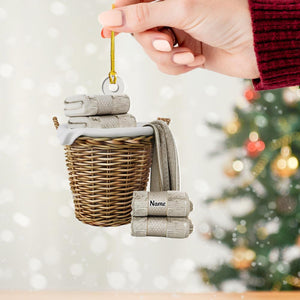 Woven Laundry Hamper Beside Towels Christmas Ornament, Laundry Dry Cleaning Clothing Washing Machines Ornament, Christmas Gift