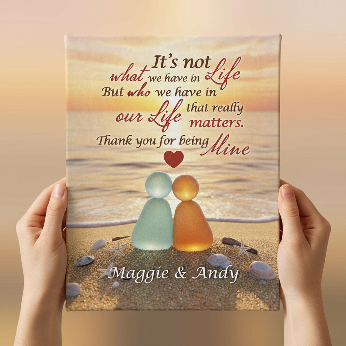 Custom Sea Glass Couple Canvas, Personalized Beach Sunset Anniversary Gift, Wedding Keepsake