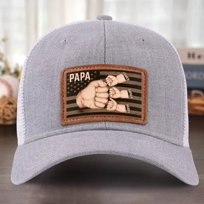 American Dad & Kids Are Unstoppable - Personalized Leather Label Net Hat - Gift For Dad, Grandpa, Father's Day Gift