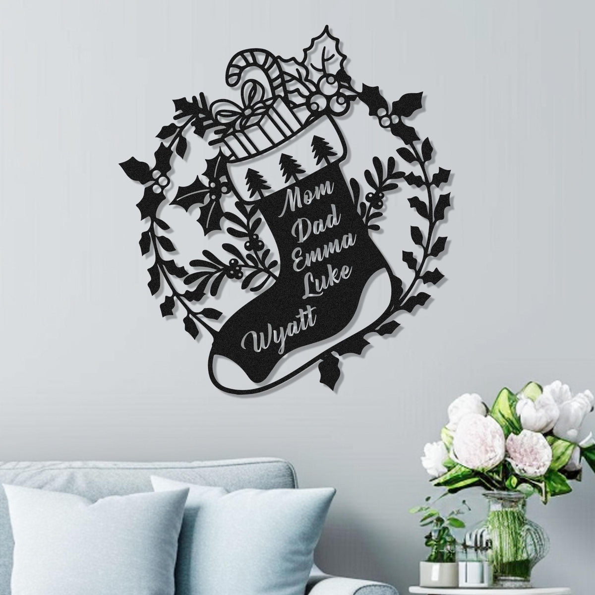 Personalized Christmas Stocking with Names Metal Wall Art, Metal Christmas Wall Decor, Custom Christmas Stockings Sign, Christmas Decoration