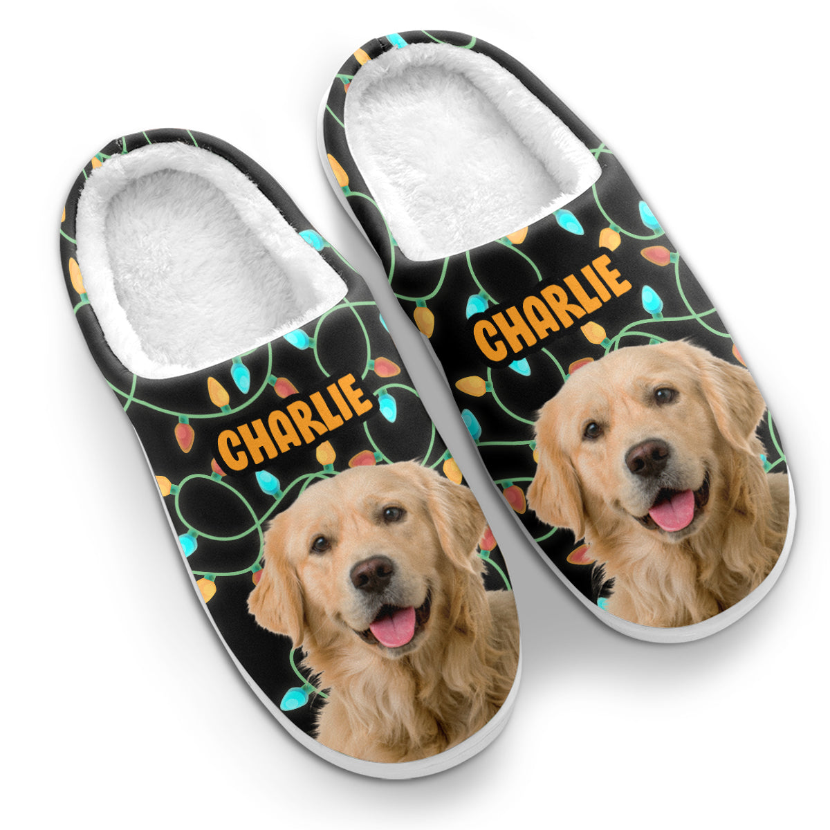 Custom Pet's Photo Christmas Light - Personalized Fleece Slippers - Christmas Gift For Pet Owners, Pet Lovers