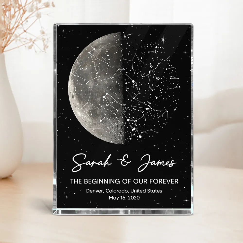 The Beginning Of Our Forever Moon Phase With Star Map - Personalized Acrylic Block - Anniversary Gift, Valentine's Day Gift For Couple