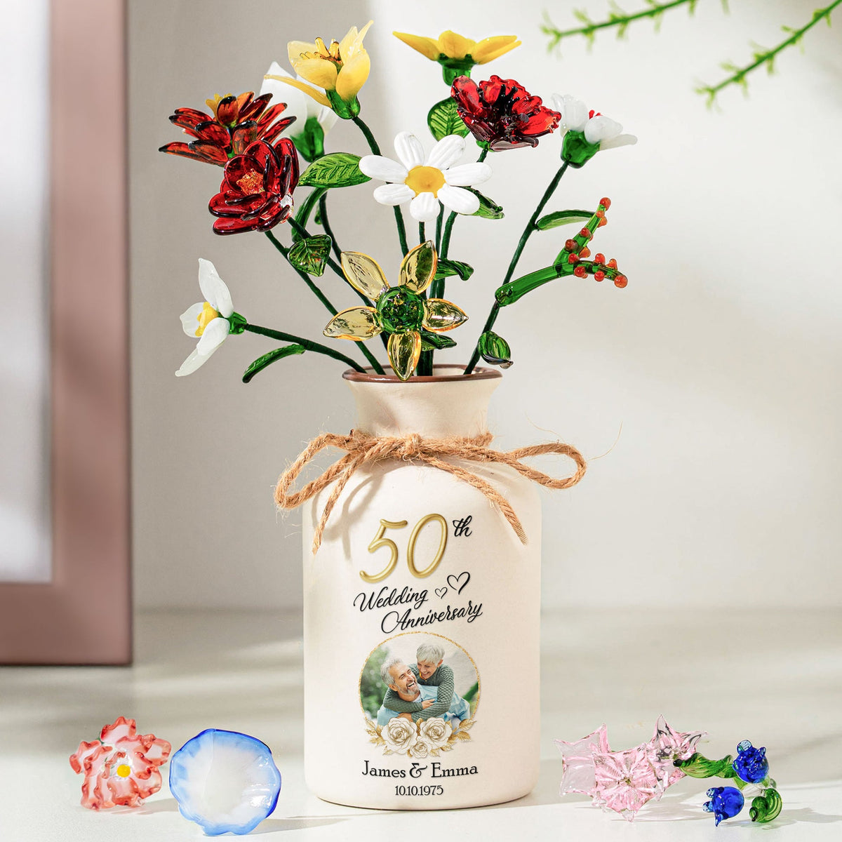 Wedding Anniversary Gift For Her - Personalized Photo Vase With Glass Birth Month Flowers - Anniversary Gift For Wife