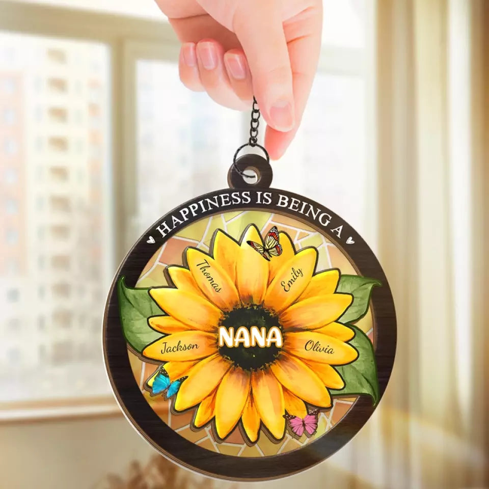 Happiness Is Being A Grandma Sunflower - Personalized Suncatcher Ornament - Gift For Mom, Mother's Day, Birthday Gift