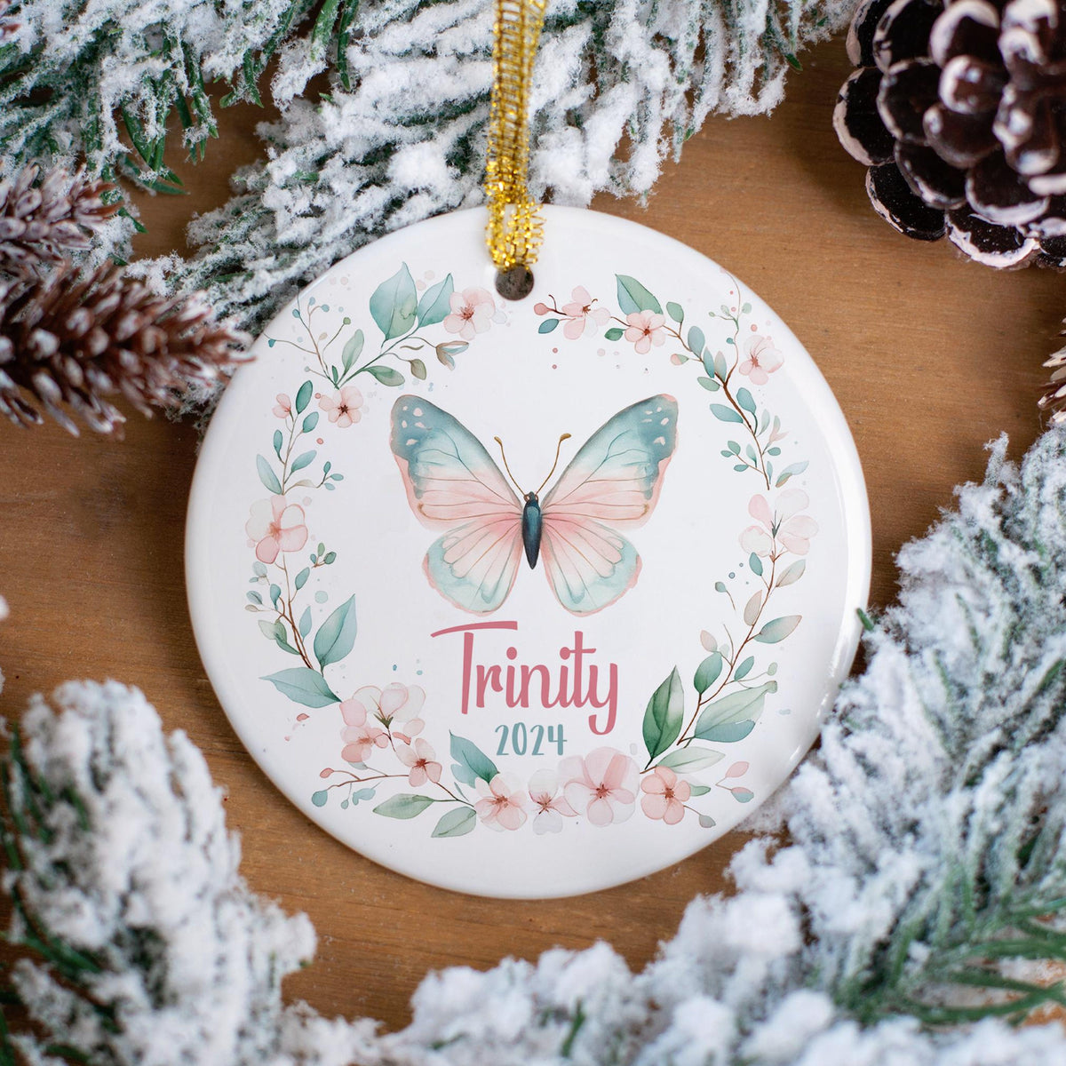 Custom Butterfly Ornament, Personalized Girls Christmas Pastel Pink Blue Ornaments, Gift Ornament with Any Name, Kids Christmas Ornament