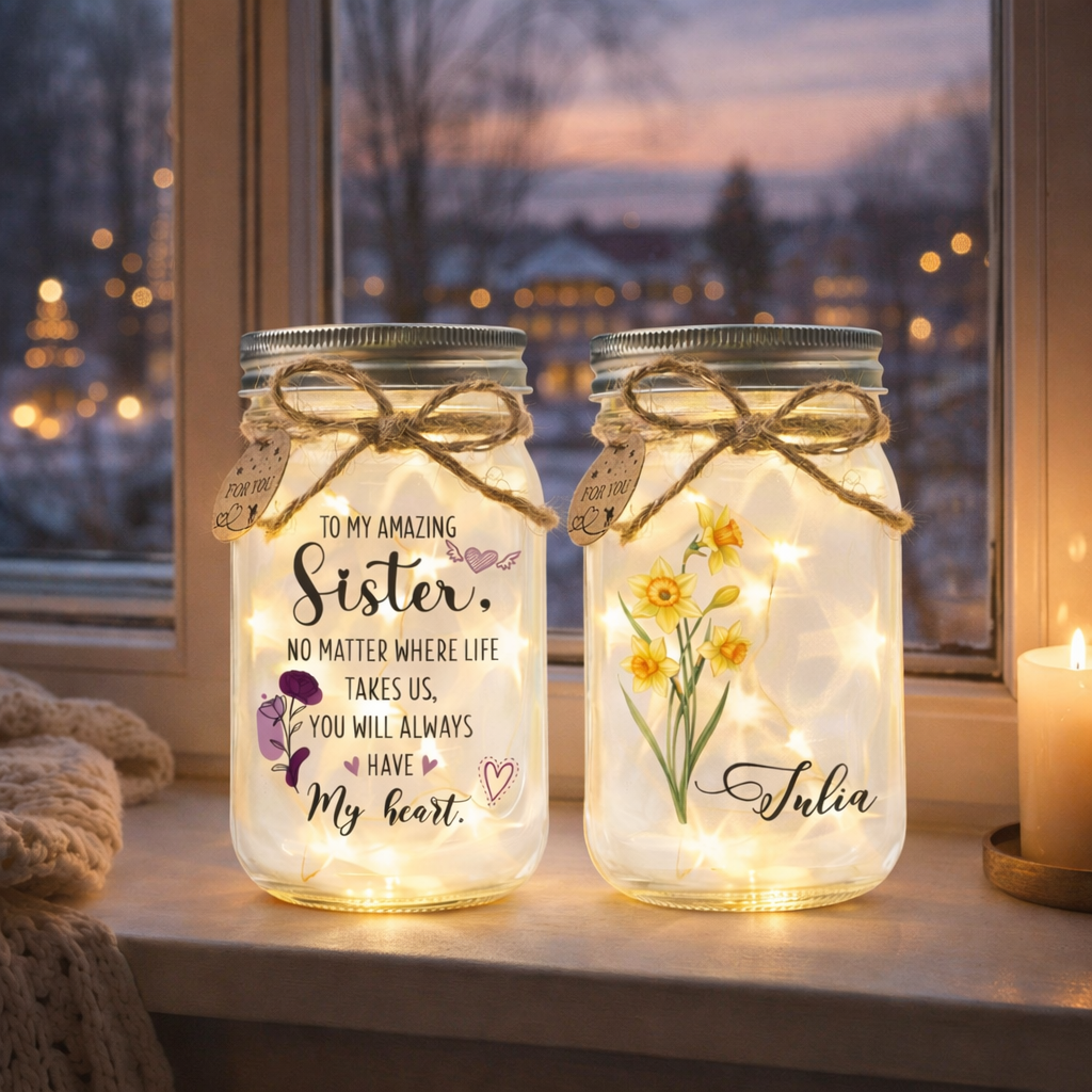 Sister Gifts Personalized Birth Month Flower Mason Jar Night Light, Gift For Sisters, Besties, Siblings