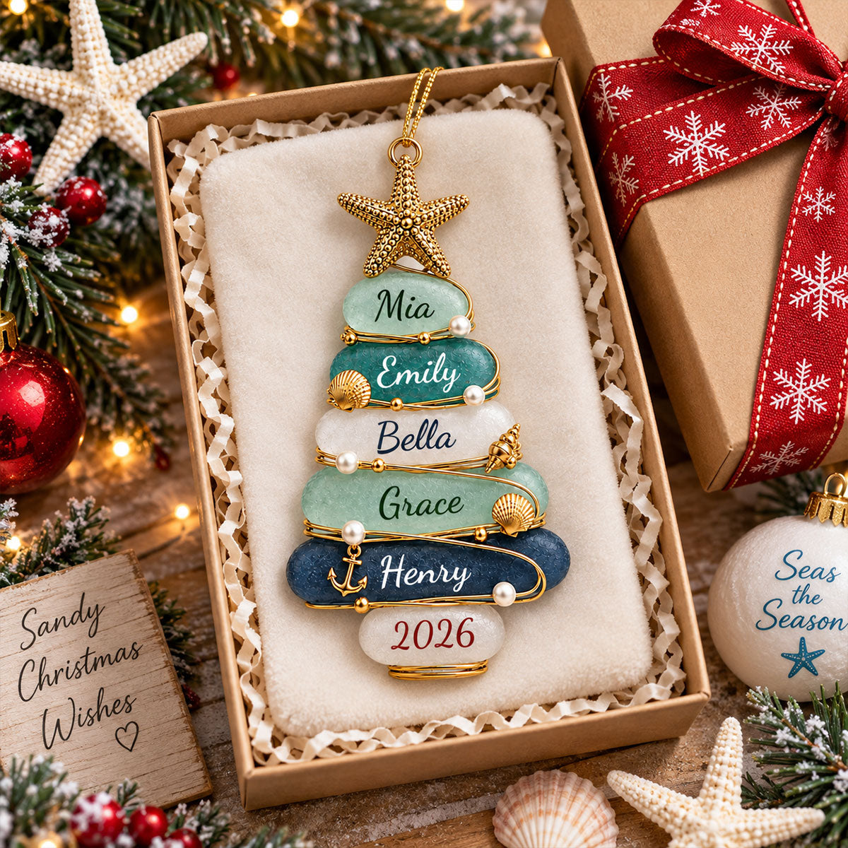 Custom Sea Glass Tree 2026 Ornament, Personalized Coastal Family Christmas Gift