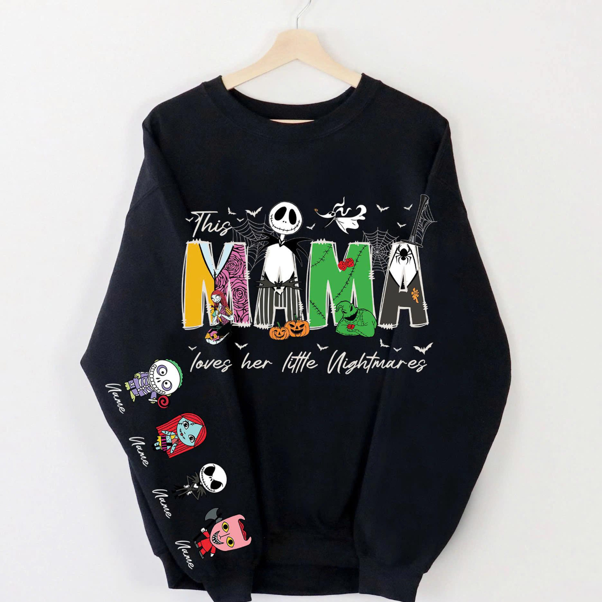 Custom This Mama Loves Her Nightmares Sweatshirts, Halloween Horror Mommy Sweater, Grandma Gift, Custom Halloween Kids Name
