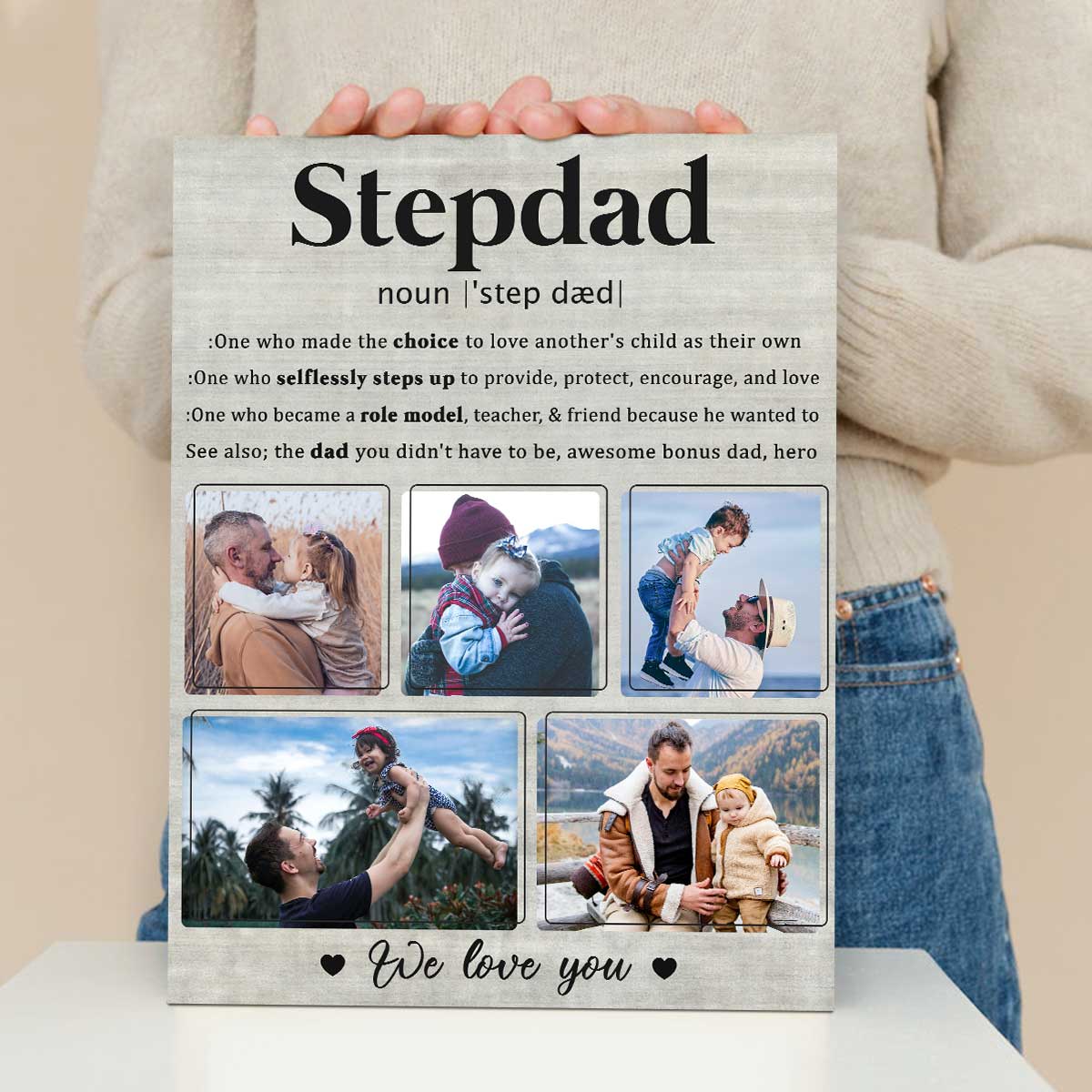 Stepdad Definition Custom Photo Canvas, Personalized Stepped Up Dad Gifts, Stepdad Gift For Father s Day