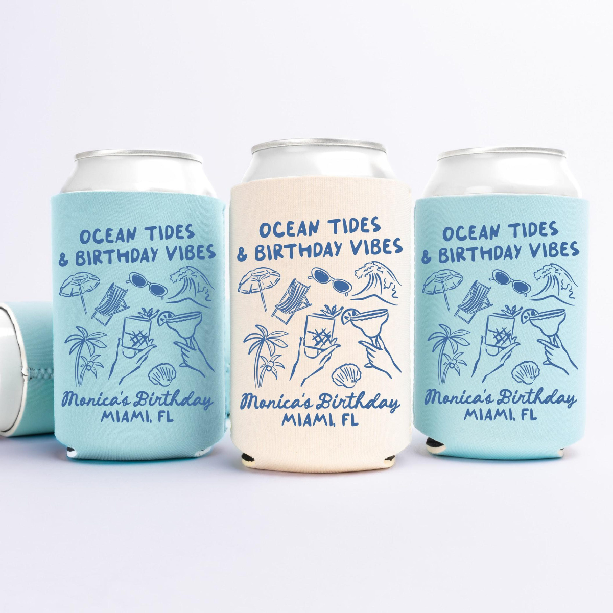 Ocean Tides & Birthday Vibes Birthday Can Cooler - Custom Beach Birthday Party Favors - Personalized Cozies in Regular and Slim Size