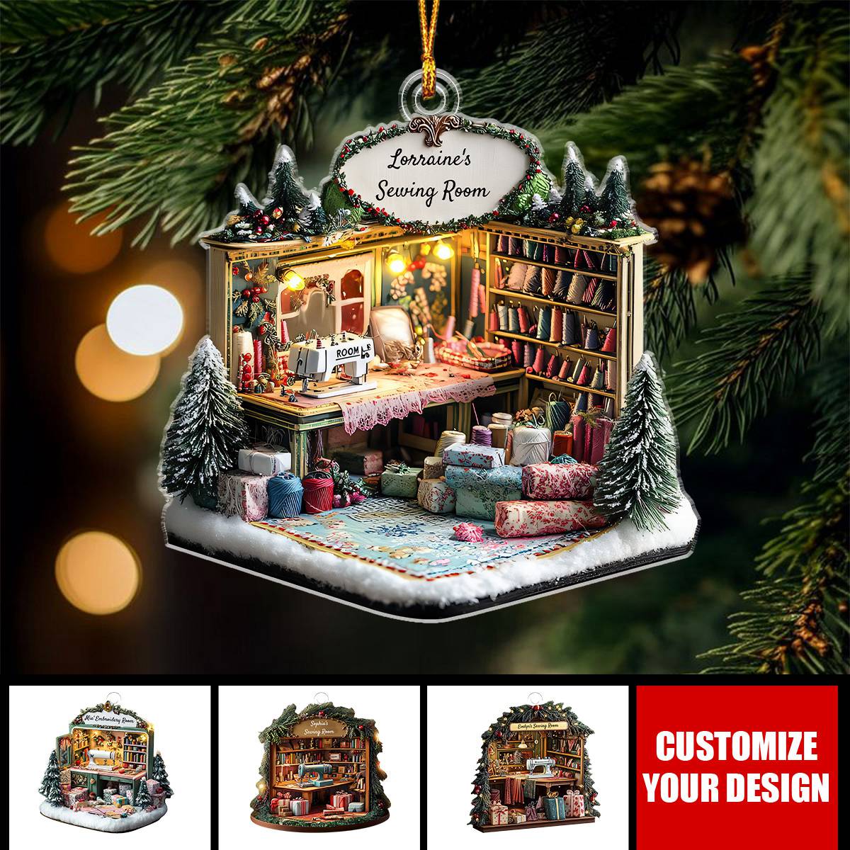 Her Sewing Room, Embroidery Room, Personalized Acrylic Christmas Ornament, Gift For Sewing Lovers