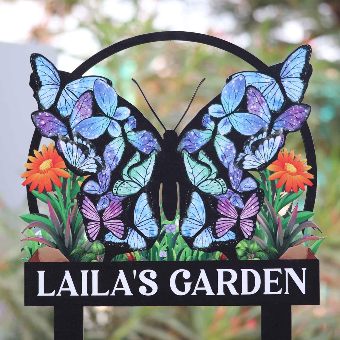 Personalized Butterfly Garden Metal Sign With Stakes, Custom Garden Flower Sign, Housewarming Gift, Garden Name Sign