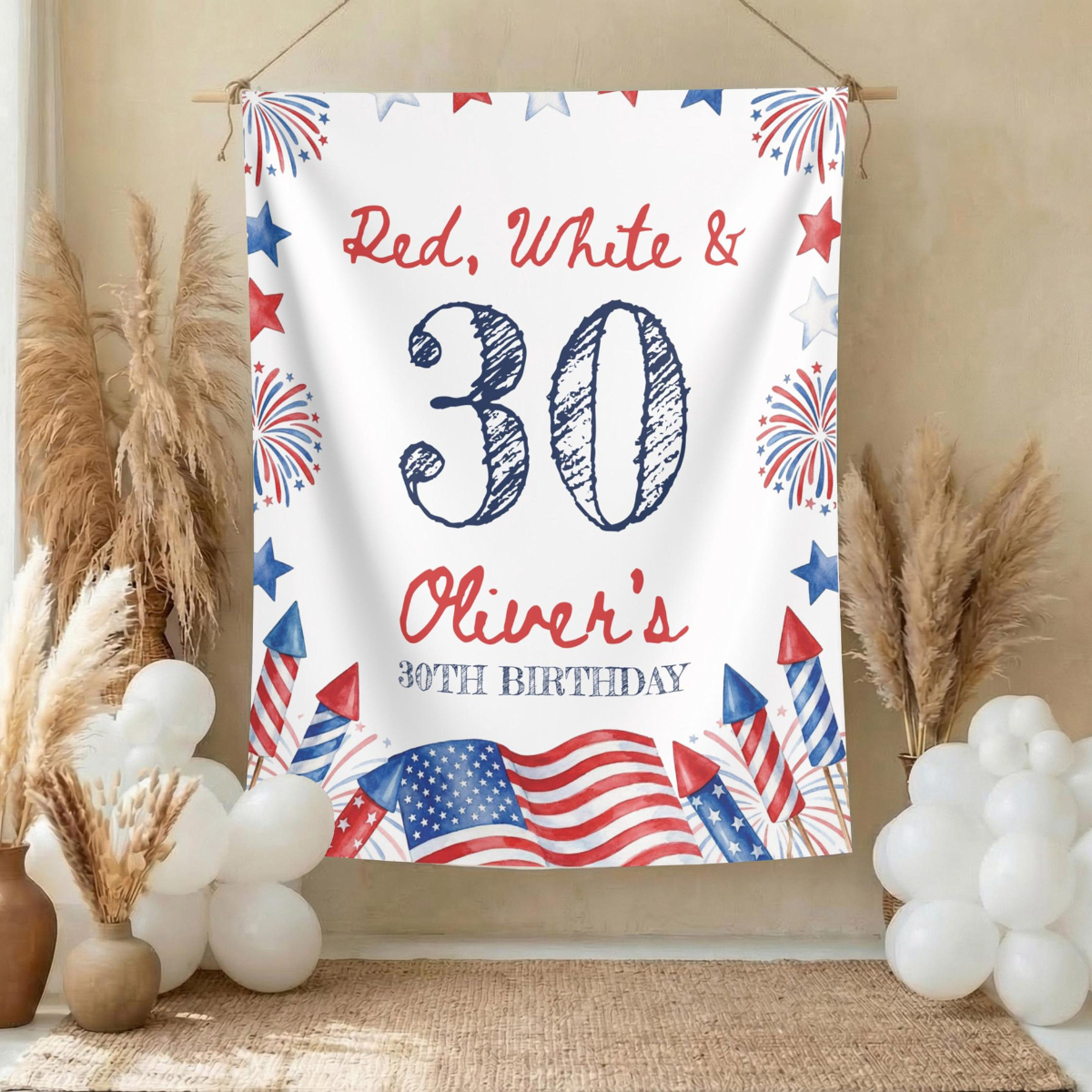 Red White and 30th, 40th, 50th Birthday Backdrop, Patriotic 4th of July Party Banner