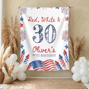 Red White and 30th, 40th, 50th Birthday Backdrop, Patriotic 4th of July Party Banner