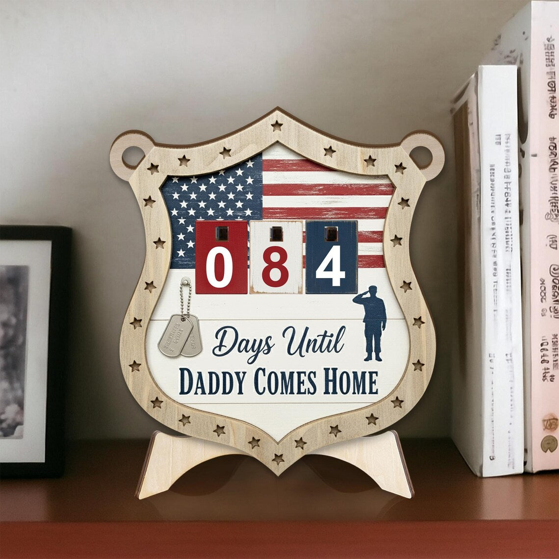 Personalized Military Countdown Sign with Days Tracker and American Flag Shield Design