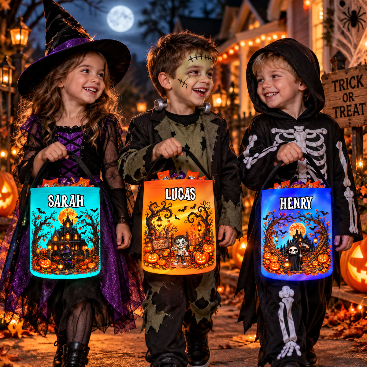 Custom LED Light Bucket Bag - Personalized Halloween Birthday Gifts For Kids - Trick Or Treat Spooky
