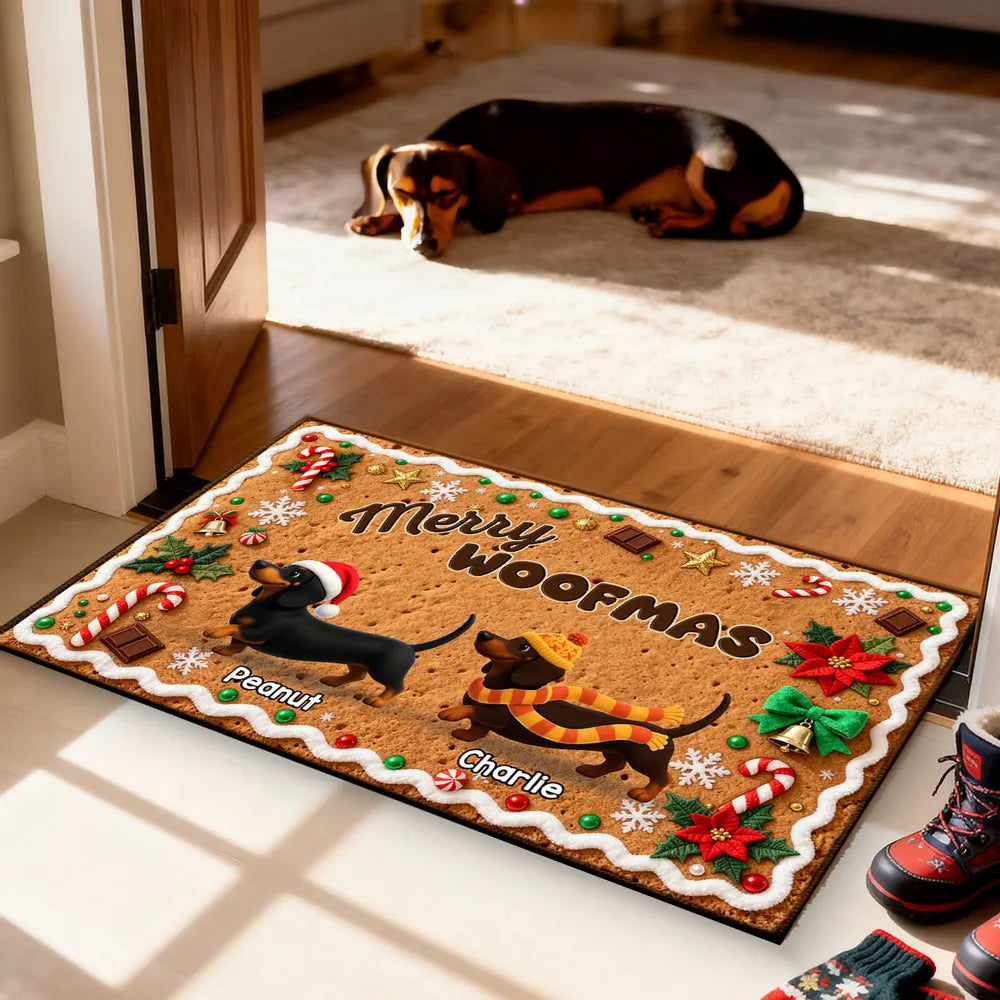 3D Effect Christmas Happy Pawliday Dachshunds Walking Gingerbread Cookie Theme - Personalized Doormat - Christmas Gift For Family