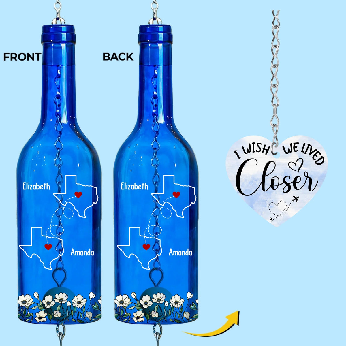 I Wish We Lived Closer - Personalized Wine Bottle Wind Chime - Gift For Sisters, Besties, Friends