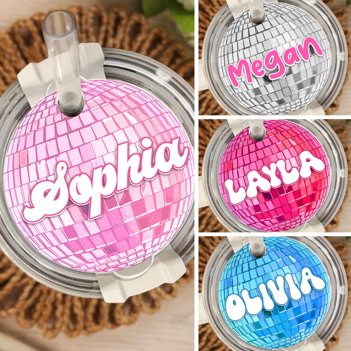 Personalized Disco Ball Tumbler Name Tag, Tumbler Plate Topper, Custom Name Tumbler Tag For Her