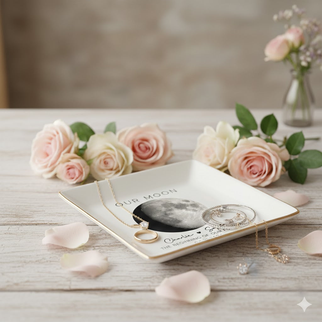 Our Moon Couple Moon Phase - Personalized Jewelry Dish - Anniversary Gift For Him Gift For Her