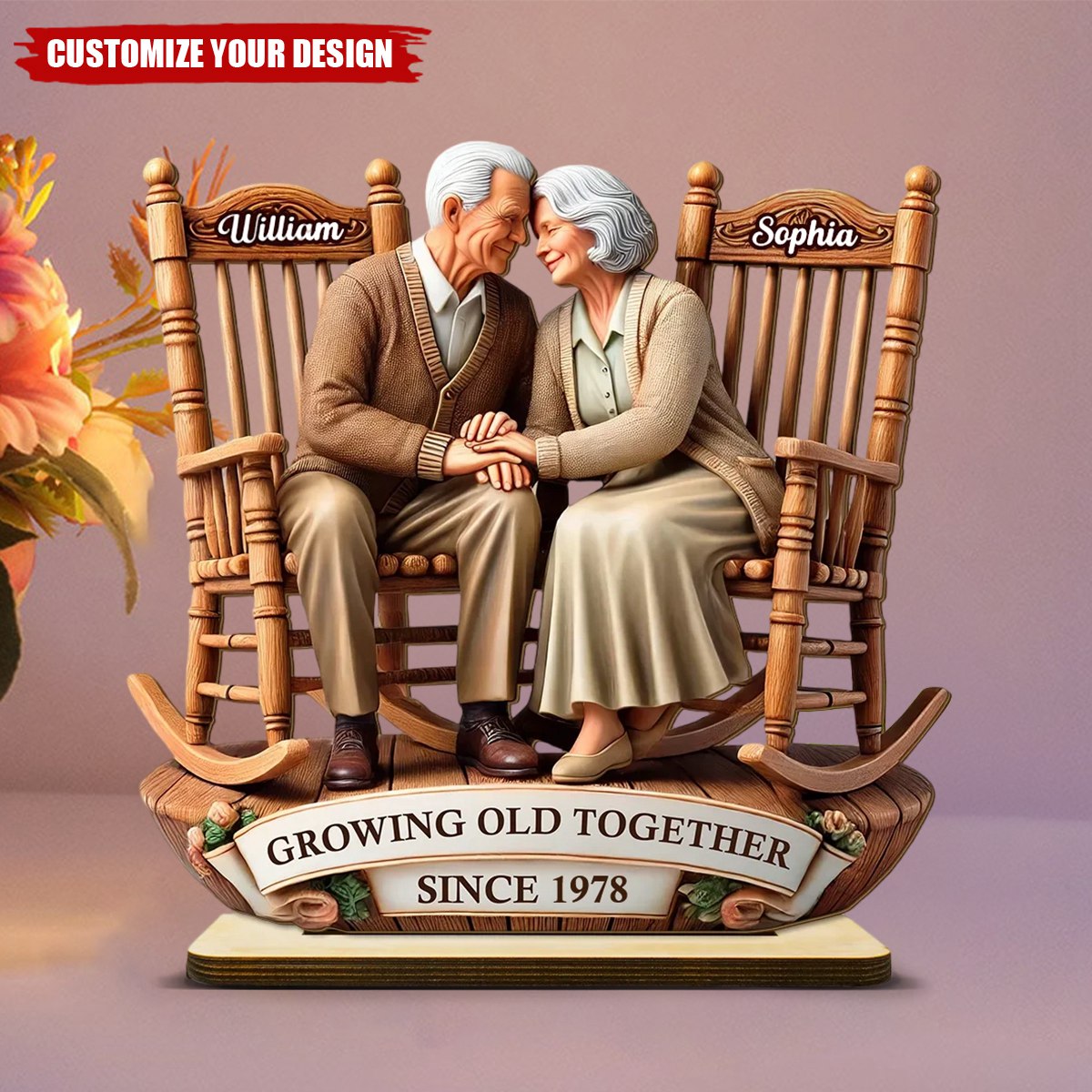 Old Couple Sitting On Rocking Chairs Together - Personalized Wooden Plaque - Gift For Couple, Anniversary Gift