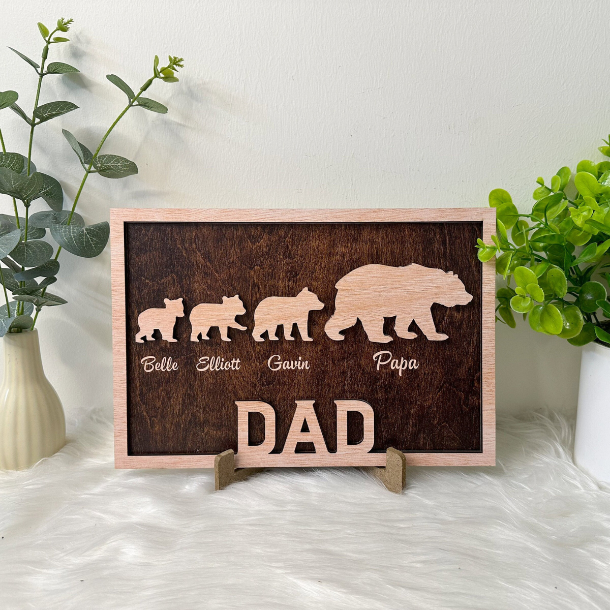 Personalized Papa Bear Sign with Kids Names, Engraved Wood, Custom Gifts For Dad From Daughter, Son, Dad's Children names Sign, Family Sign