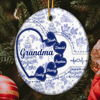 Grandma With Hearts Grandkids' Names Toile De Jouy Style - Personalized Ornament - Gift For Mom Grandma