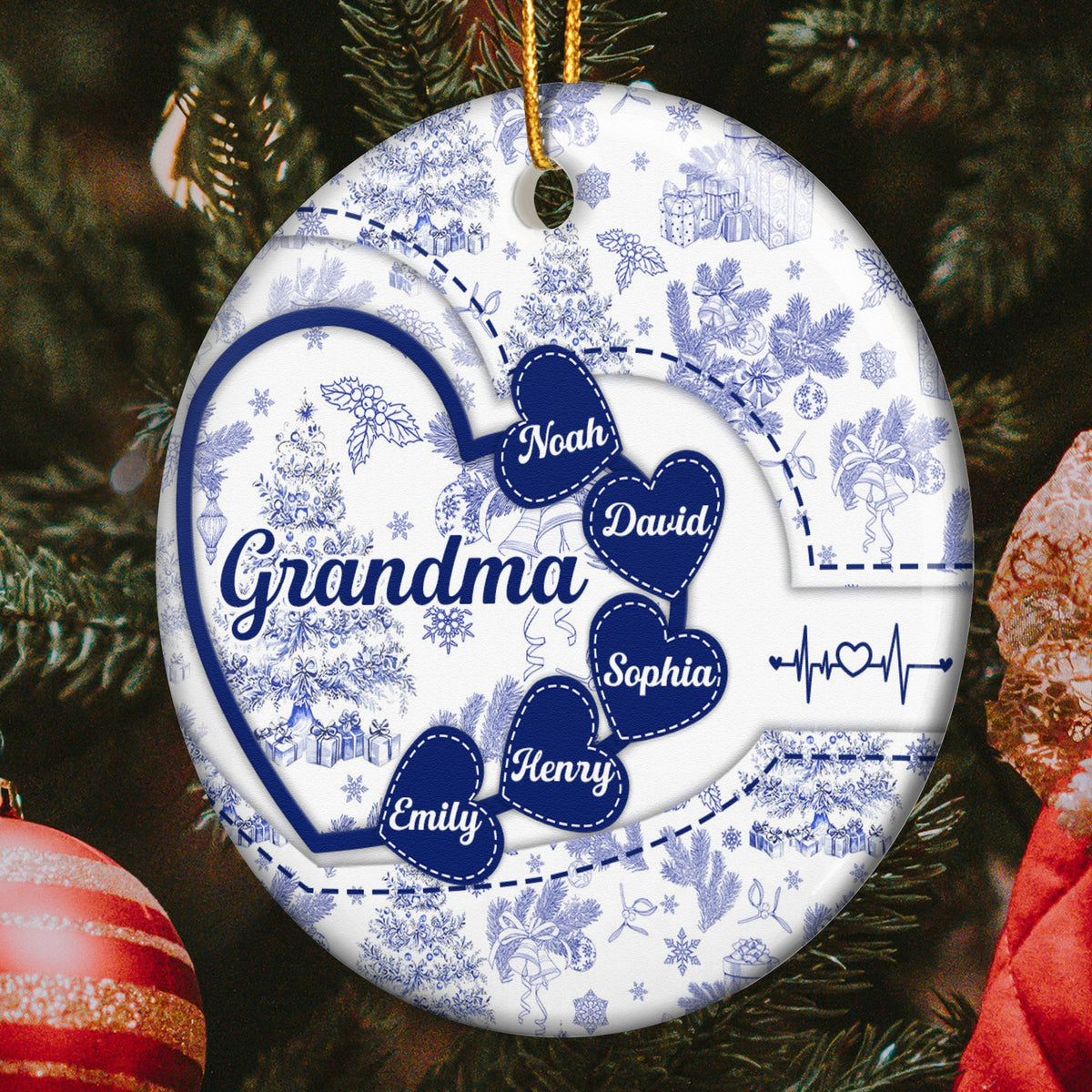 Grandma With Hearts Grandkids' Names Toile De Jouy Style - Personalized Ornament - Gift For Mom Grandma