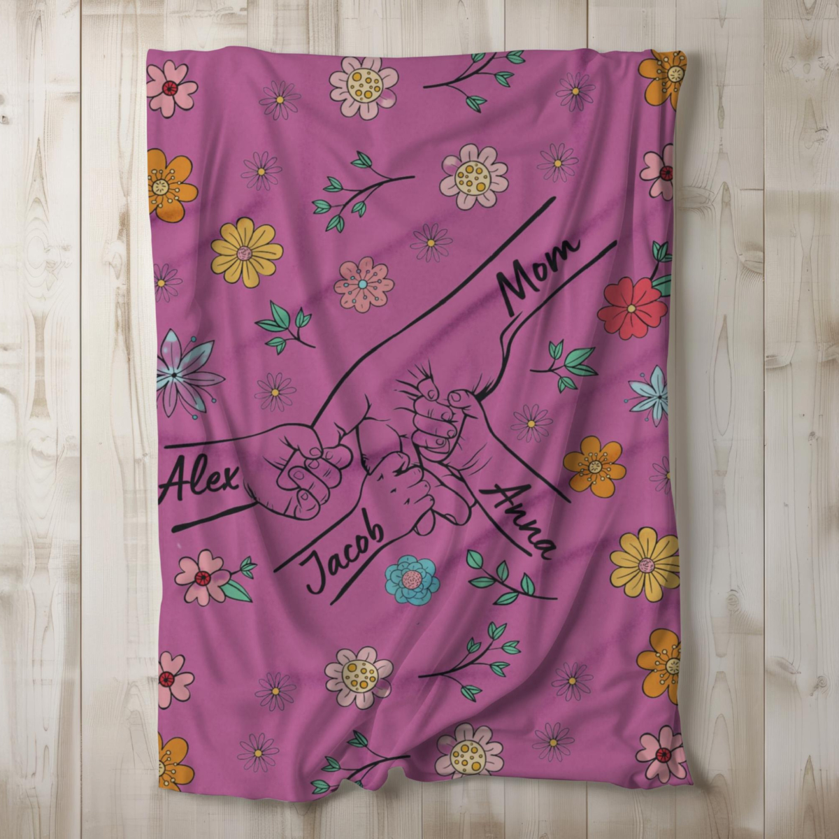 Personalized Mom Blanket, Mom Holding Kid's Hands, Mother's gift, Blanket with kids names, Family Blanket