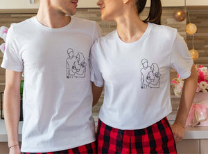 Custom Family Portrait from Photo Tee, Personalized Gift, Custom Couple Photo Drawing Pocket Shirt, Customizable Portrait Drawing Sweatshirt