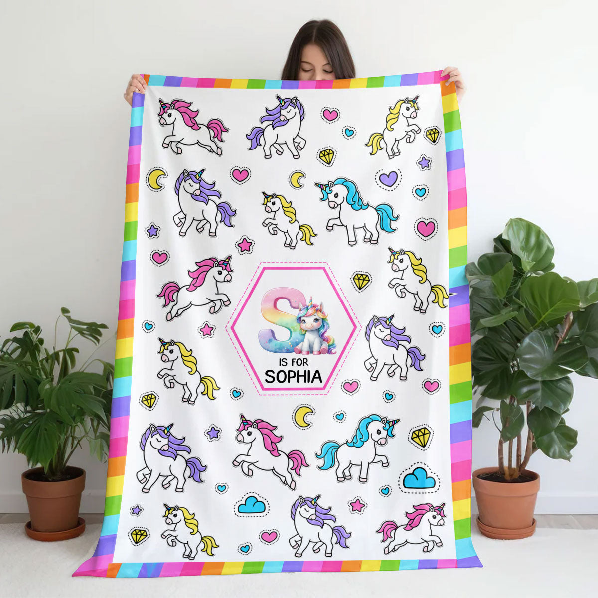 Construction Vehicles Truck, Unicorn Letter - Personalized Blanket