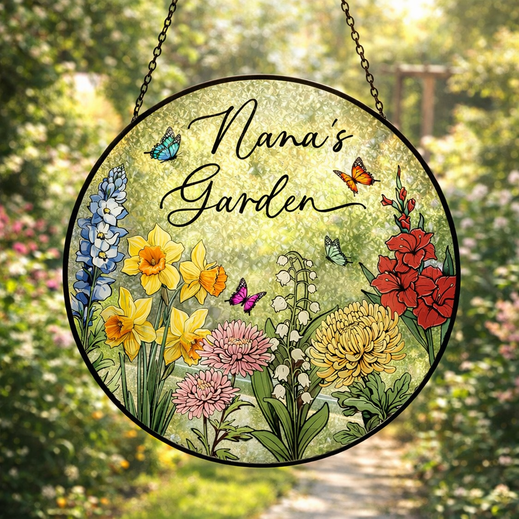 Custom Family Birth Flowers Glass Suncatcher, Custom Mom's Garden Gift, Flower Glass Art, Birth Flower Gift For Nana, Mother's Day Gift For Mom