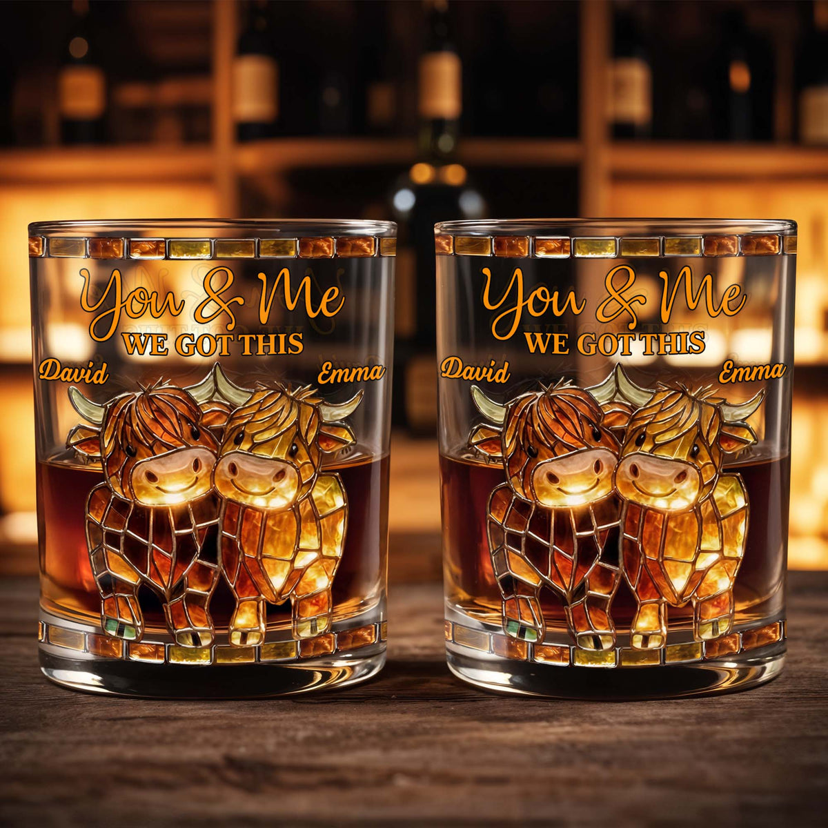 You & Me, We Got This Mosaic Cows Glass, Personalized Custom Whiskey Glass, Gift For Couples