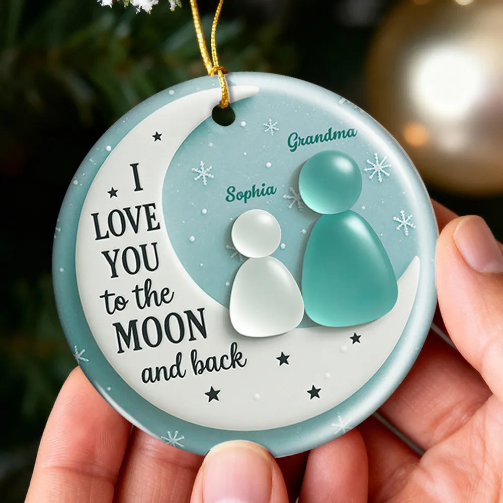 3D Sea Glass Effect Grandma And Grandkid On Moon - Personalized Ornament - Christmas Gift For Mom, Grandma