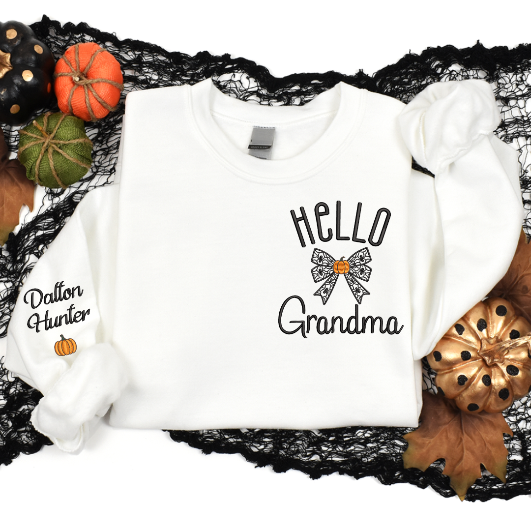 Hello Halloween Gift for Grandma and Kids - Embroidered Apparel - Halloween Coquette Gift For Grandma Mommy