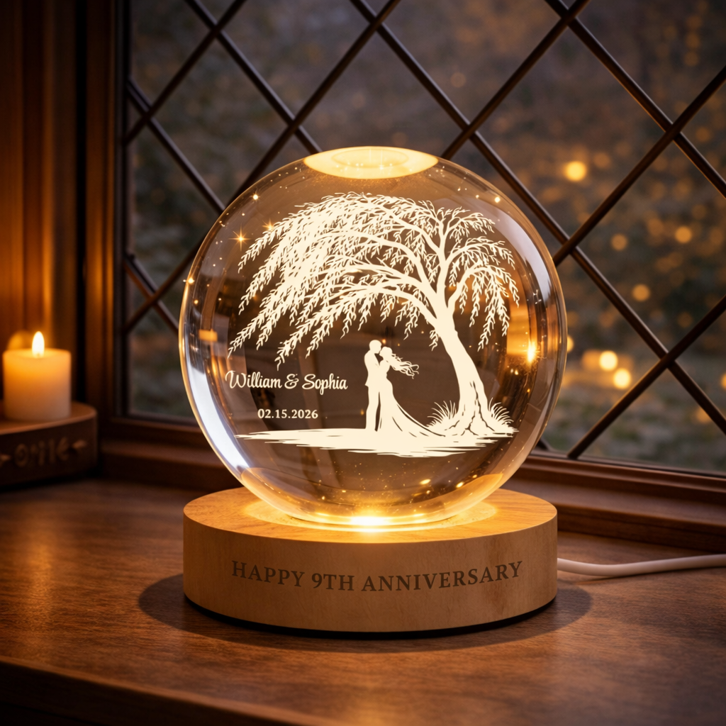 Personalized Willow Tree Crystal Ball LED Night Light, Names Anniversary Lamp, 9th Anniversary Gift, Romantic Wedding Gift for Couples