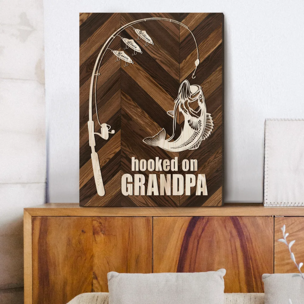 Hooked On Grandpa Custom Fishing Canvas, Grandpa Fishing Gift From Grandkids, Fishing Gifts For Father s Day 2025, Grandfather Fishing Sign