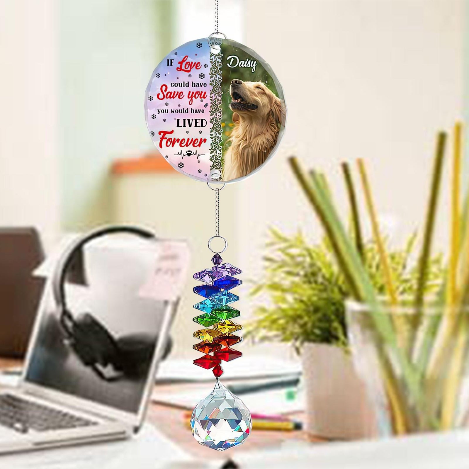 Personalized Dog Photo Memorial Ornament with Crystal Prism, Custom Pet Name Ornament, Smiling Dog Window Decor, Rainbow Maker Memorial Gift