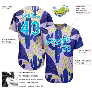 Custom Purple Lakes Blue-White 3D Pattern Design Cactus And Leaves Authentic Baseball Jersey
