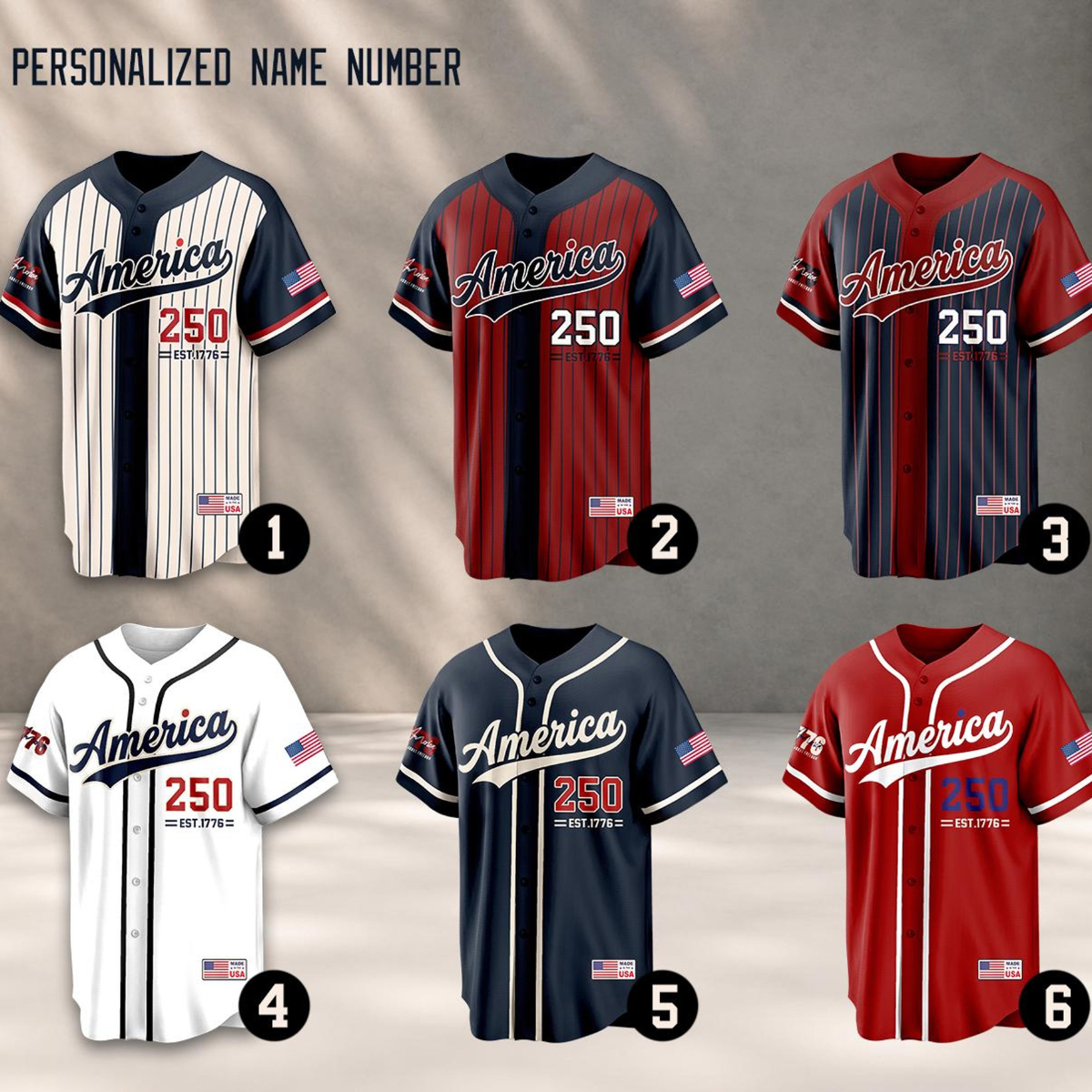 Personalized Name Number America 250 Jersey, 4th of July Baseball Shirt, USA Patriotic Jersey, Custom Name Number Independence Day Outfit