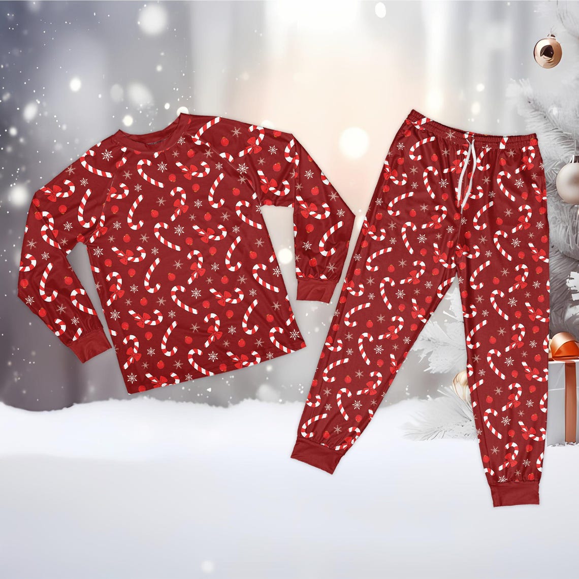 Coquette Bow Candy Cane Christmas Pajamas, Preppy Christmas Long Sleeve Two Piece Pajama Set, Festive Xmas Holiday Loungewear Set