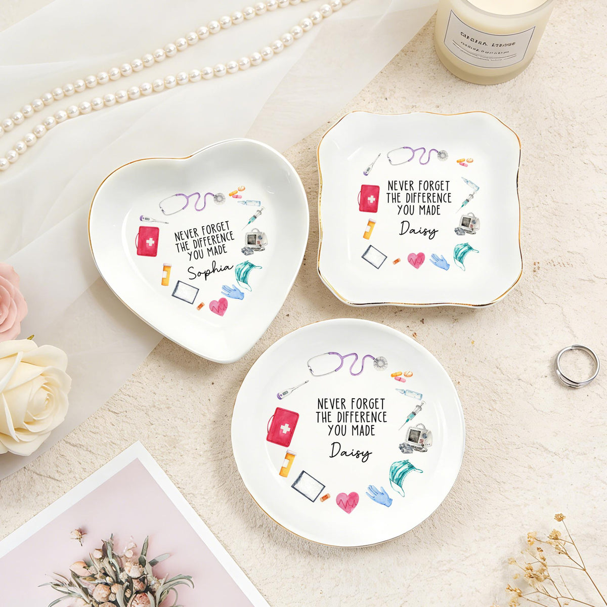 Personalized Nurse Jewelry Dish - Nurse Graduation Jewelry Dish, Stethoscope Name Trinket Dish, Never Forget The Difference You Made