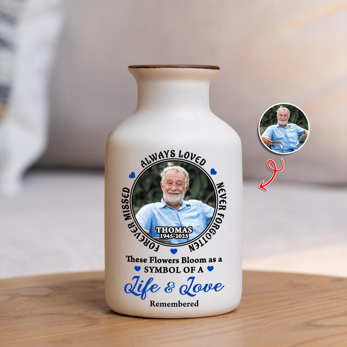 Personalized Memorial Flower Vase, Custom Photo Sympathy Gift, White Ceramic Remembrance Vase, Always Loved Never Forgotten Keepsake