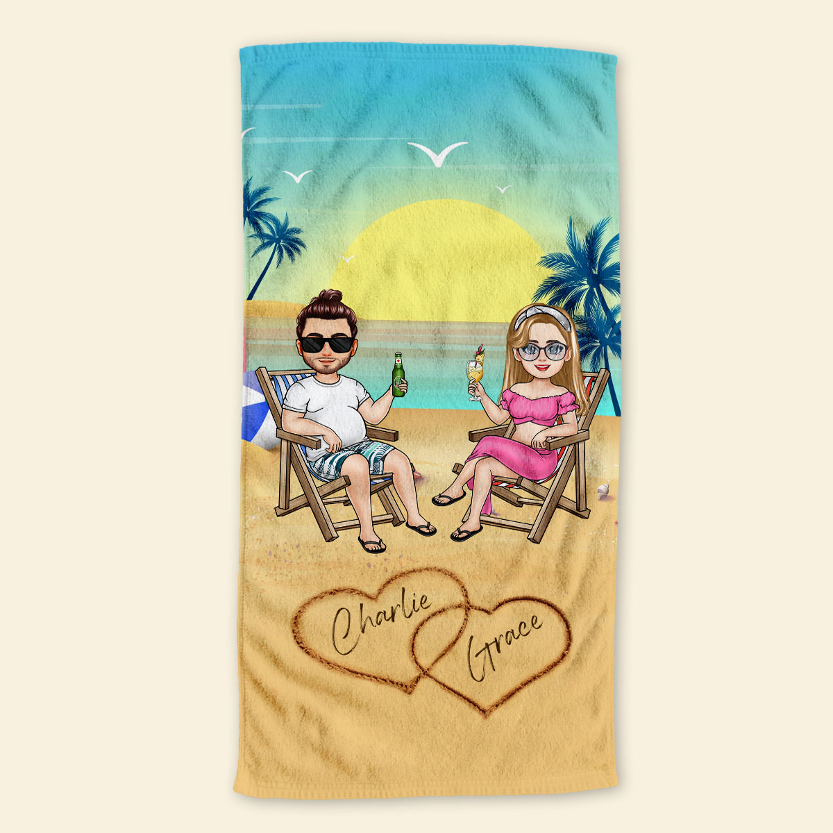 Summer Couple Sitting - Personalized Beach Towel - Gift For Couple, Summer, Beach