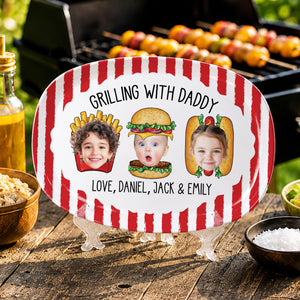 Custom Dad's Grilling Platter with Kids Faces: Father's Day Gift From Kids, Striped Grilling Plate for Kitchen Decoration, Funny Daddy Gift
