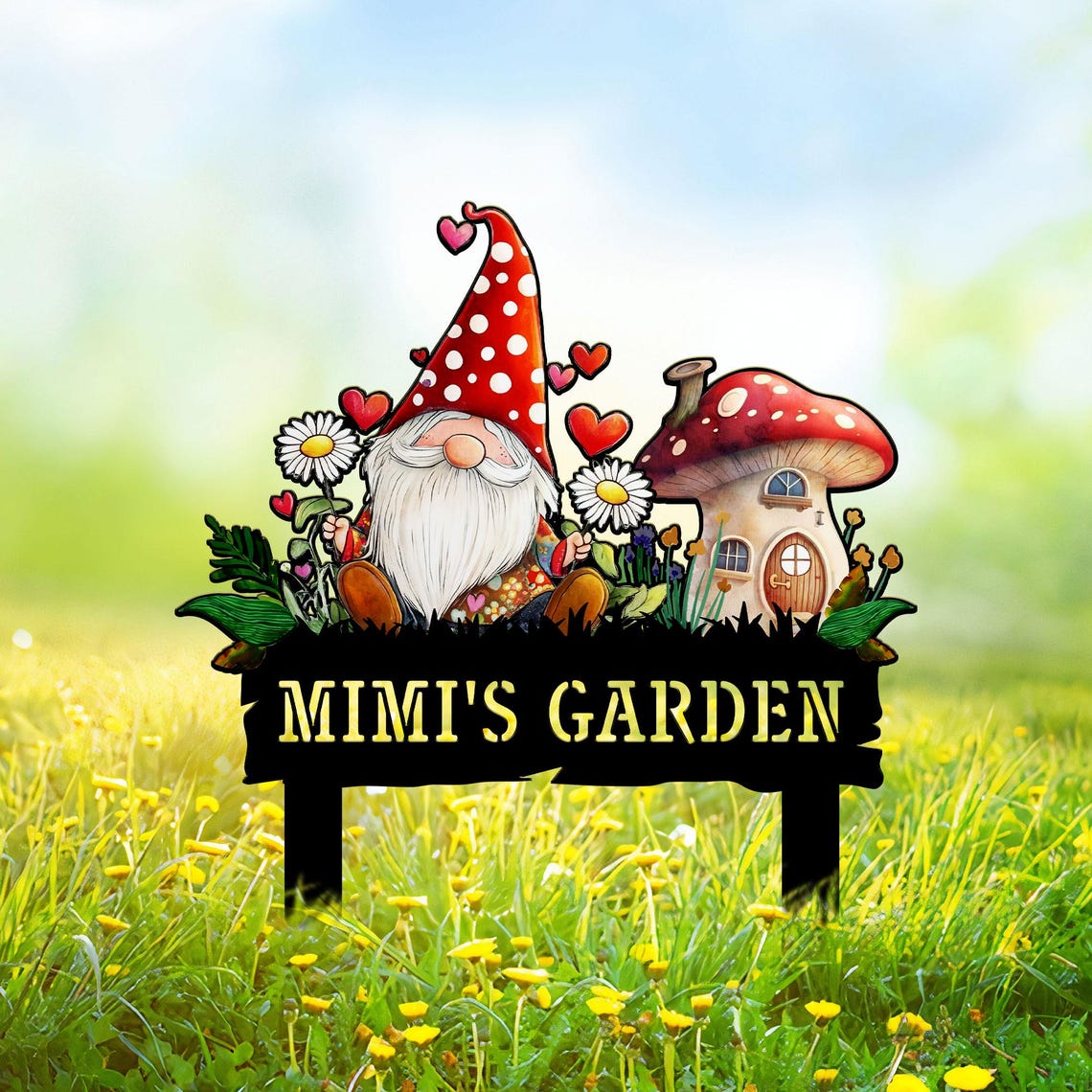 Custom Garden Gnome Yard Stake, Mother's Day Gnome Gifts, Mushroom Yard Art, Gift for Mimi Grandma, Outdoor Lawn Decor, Nana's Blessings